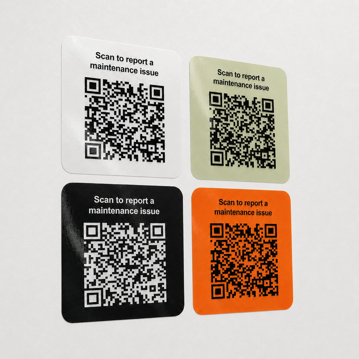 Vinyl sticker maintenance QR labels in multiple colour options.